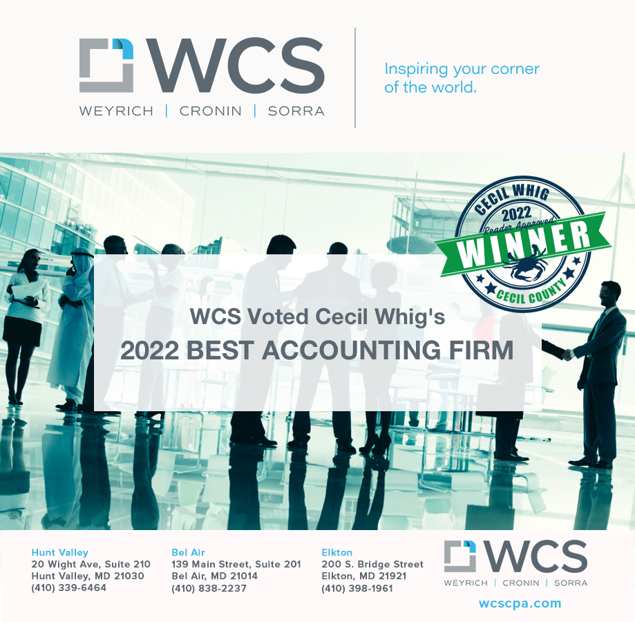 Weyrich, Cronin & Sorra Named Cecil Whig's Best Accounting Firm of 2022