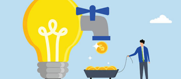 Illustration of a lightbulb faucet pouring coins into a cart, representing C corp distributions and tax planning from a CPA in Baltimore at Weyrich, Cronin & Sorra.