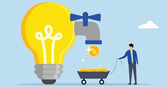 Illustration of a lightbulb faucet pouring coins into a cart, representing C corp distributions and tax planning from a CPA in Baltimore at Weyrich, Cronin & Sorra.